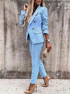 Lapel Collar Long Sleeve Blazer and Pants Set Trendsi