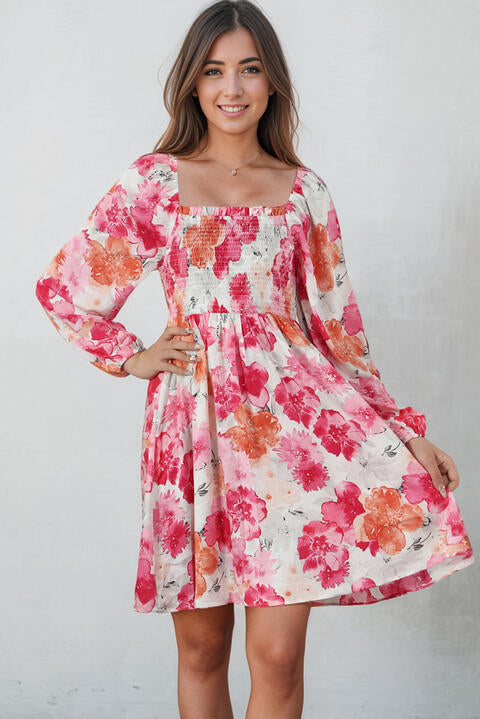 Floral Smocked Square Neck Long Sleeve Dress Trendsi