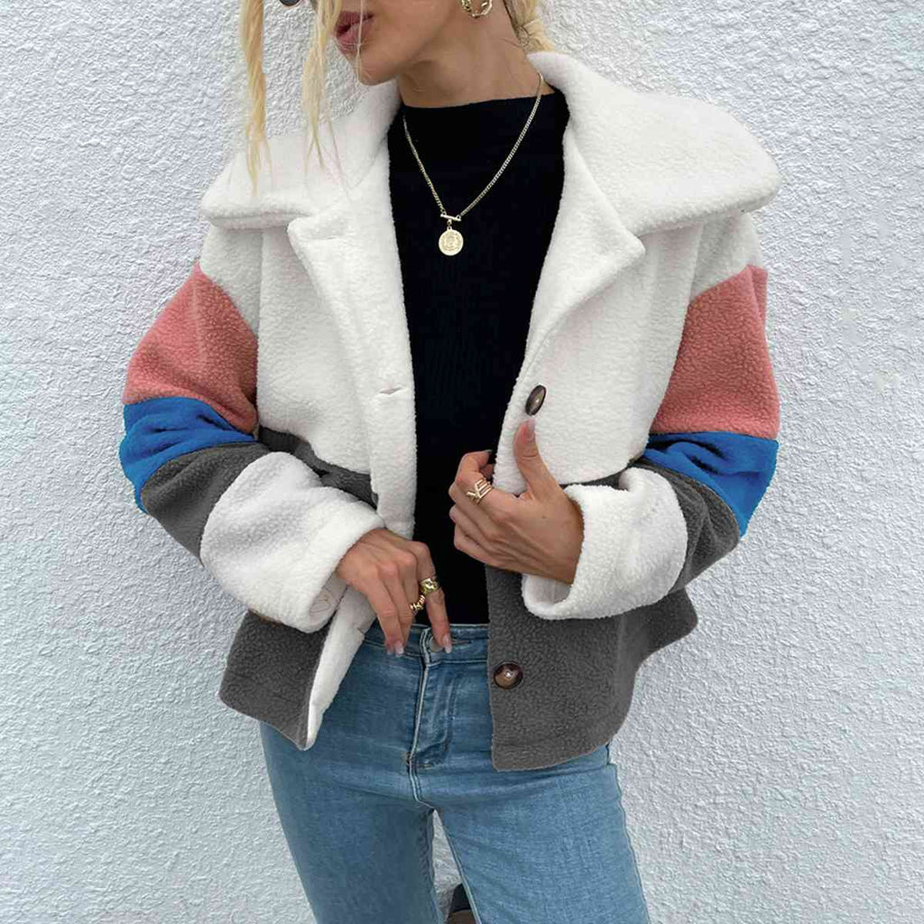 Color Block Button Down Collared Jacket Trendsi