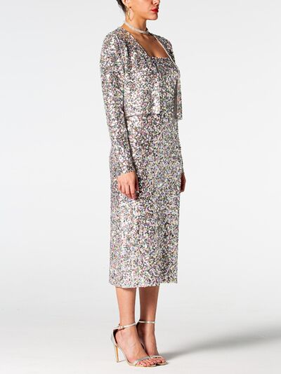 Sequin Cardigan and Straight Dress Set Trendsi