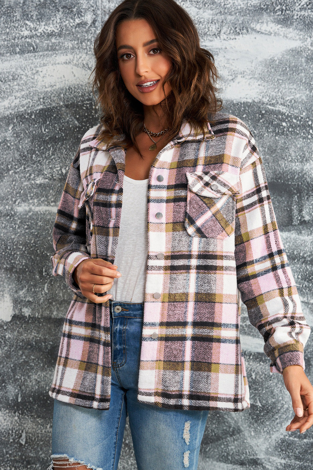 Plaid Button Front Shirt Jacket with Breast Pockets Trendsi