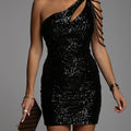 Beiru One-shoulder Beaded Tight Black Dress aclosy