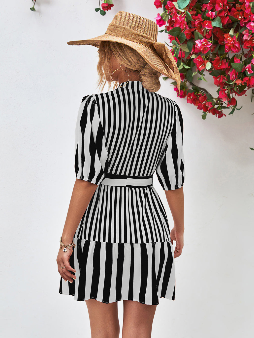Striped Half Sleeve Tie Waist Mini Dress Trendsi