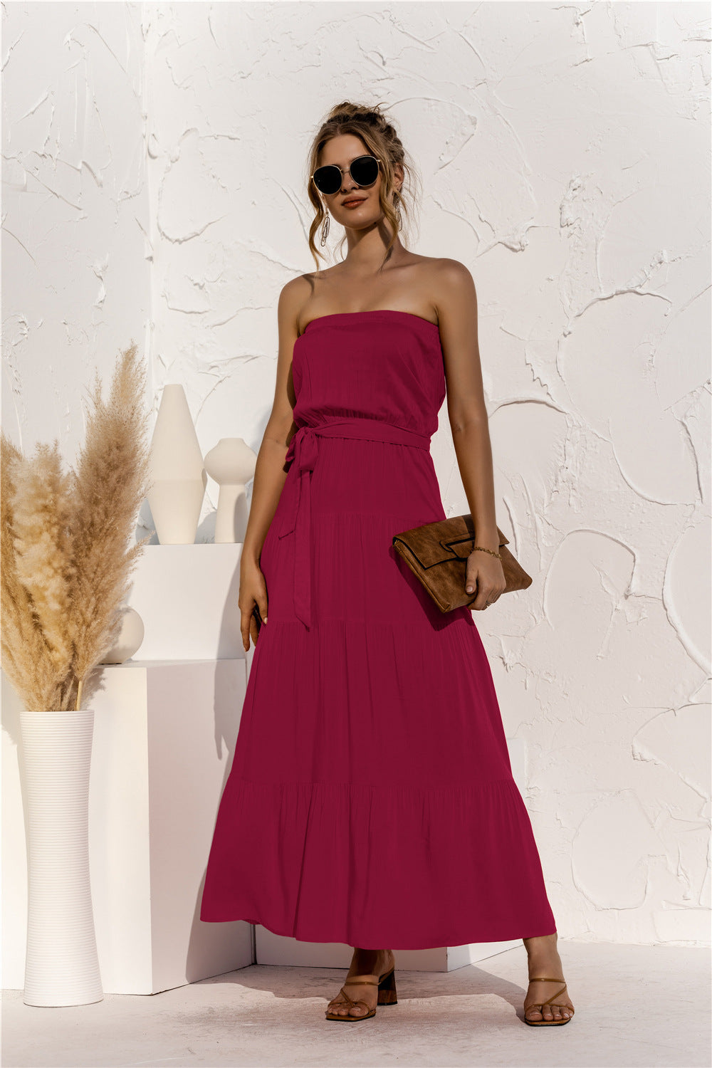 Strapless Tie Waist Tiered Maxi Dress Trendsi
