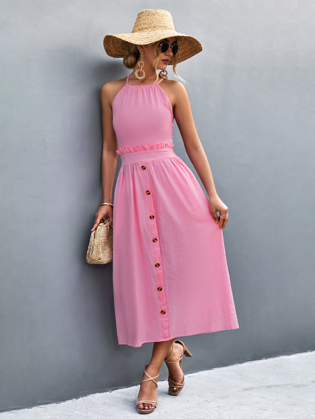 Buttoned Halter Neck Frill Trim Midi Dress Trendsi