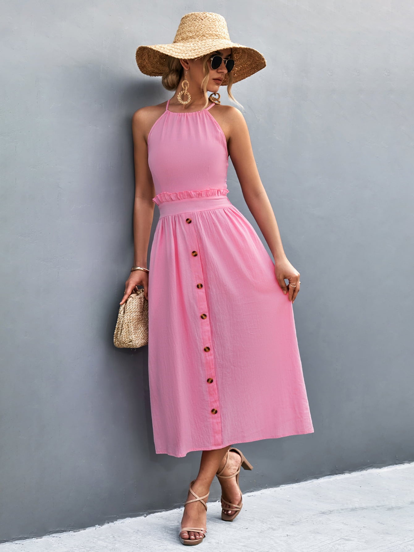 Buttoned Halter Neck Frill Trim Midi Dress Trendsi