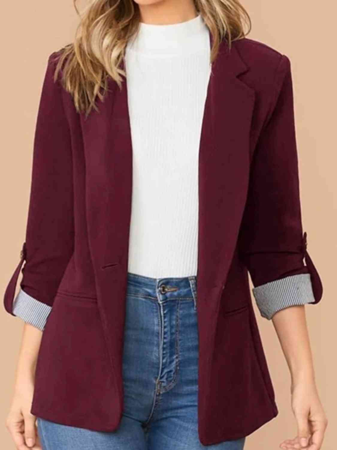 Lapel Collar Roll-Tab Sleeve Blazer Trendsi