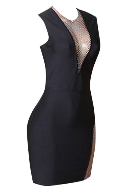 Rhinestone Detail Spliced Mesh Sleeveless Dress Trendsi