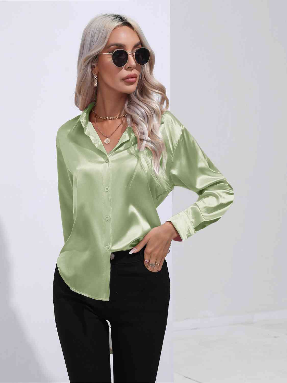 Collared Neck Buttoned Long Sleeve Shirt Trendsi