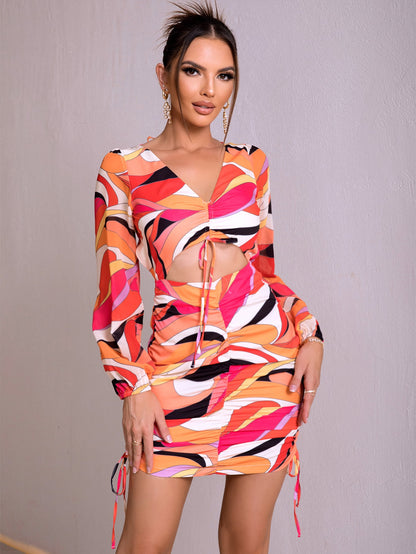 Printed Open Back Cutout Drawstring Mini Dress Trendsi