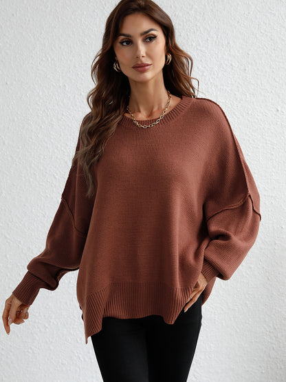 Exposed Seam Dropped Shoulder Slit Sweater Trendsi