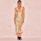 Backless Ruffled Fishtail Bandage Evening Dress-Gold aclosy