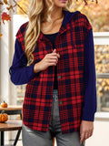 Contrast Button Up Drawstring Hooded Shirt Trendsi