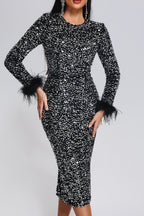 Alyia Sequin Feather Midi Dress aclosy