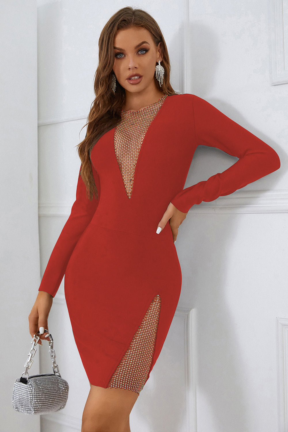Elite V Neck Mesh Mini Dress Set-Red Trendsi
