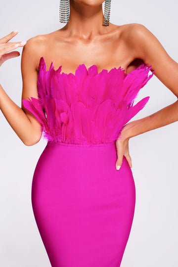 Winter New Feather Tube Top Dress Elegant Graceful Red / M Winter New Feather Tube Top Dress Elegant Graceful Red / M