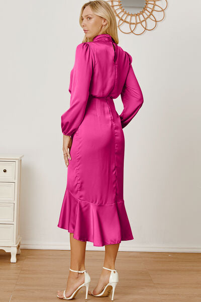 Mock Neck Ruffled Asymmetrical Dress Trendsi