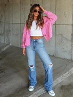 Ribbed Collared Neck Button Up Jacket Trendsi