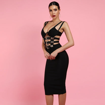Rievo Buckle Bandage Black Designer Dress aclosy