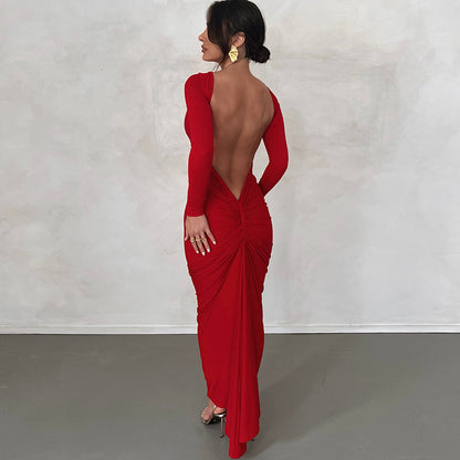 Backless Pleated Long Elegant Slim Dress aclosy