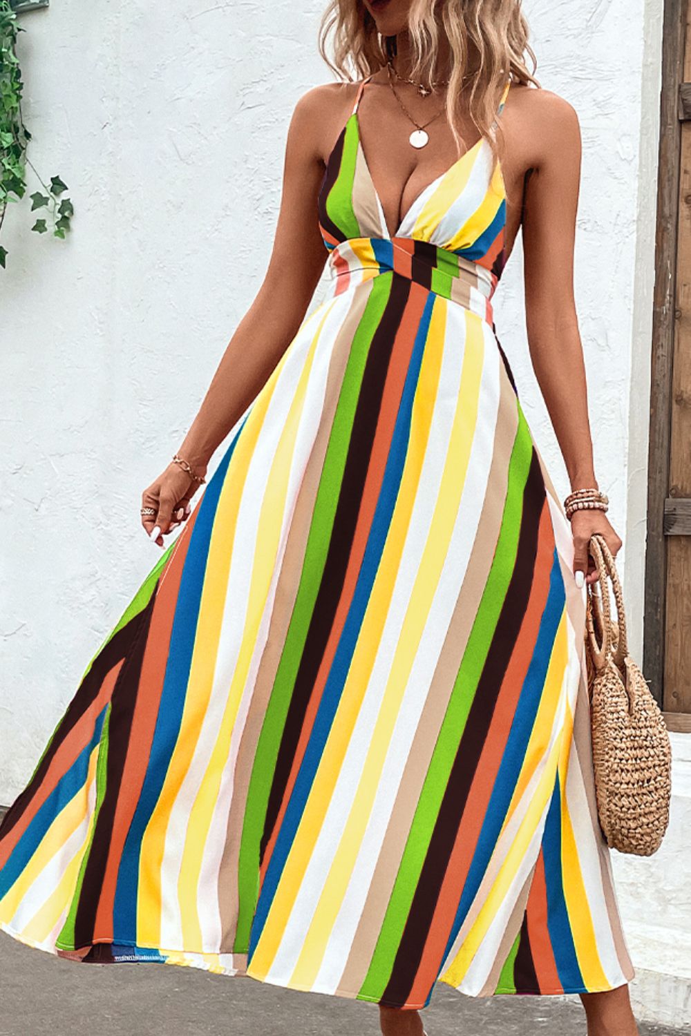 Multicolored Stripe Crisscross Backless Dress Trendsi