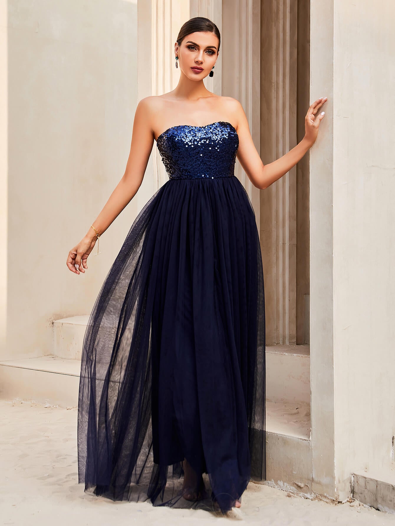 Sequin Strapless Spliced Tulle Dress Trendsi
