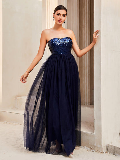 Sequin Strapless Spliced Tulle Dress Trendsi
