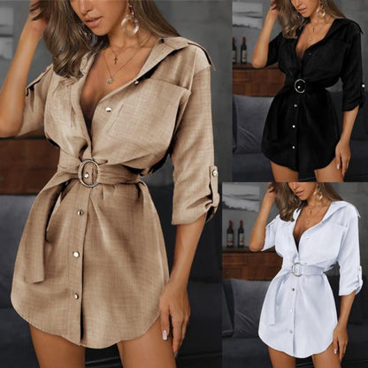 Solid color button sleeve shirt dress Best Choice