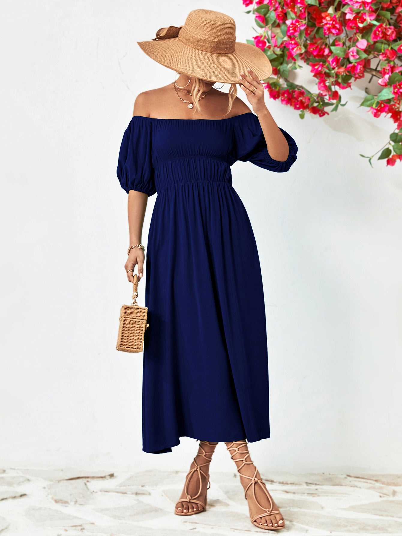 Off-Shoulder Balloon Sleeve Midi Dress Trendsi