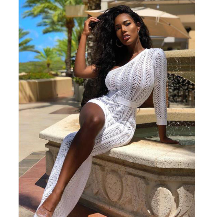 Openwork One-Shoulder Belted Split Dress-White aclosy
