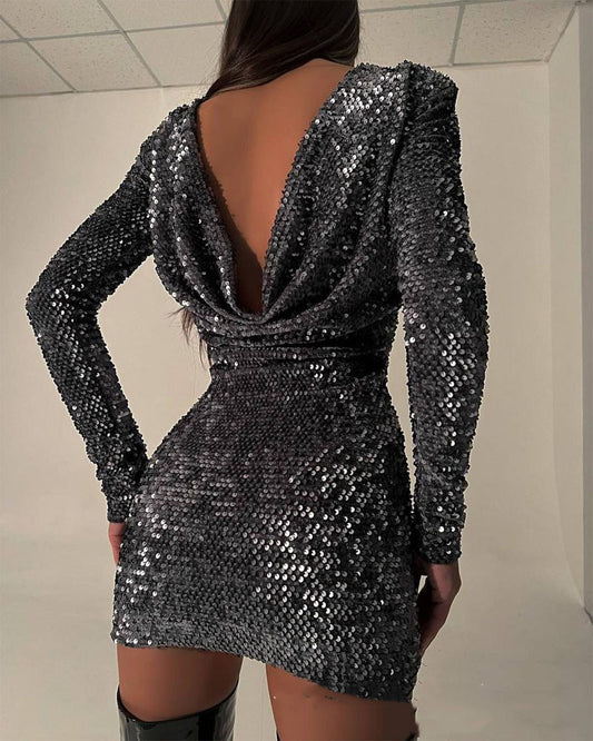 Women Back Hollow Sequin Gown Dress aclosy