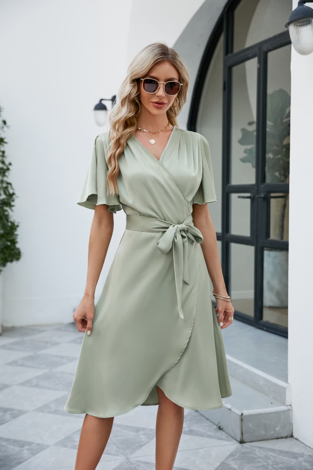 Tie Waist Flutter Sleeve Surplice Dress Trendsi