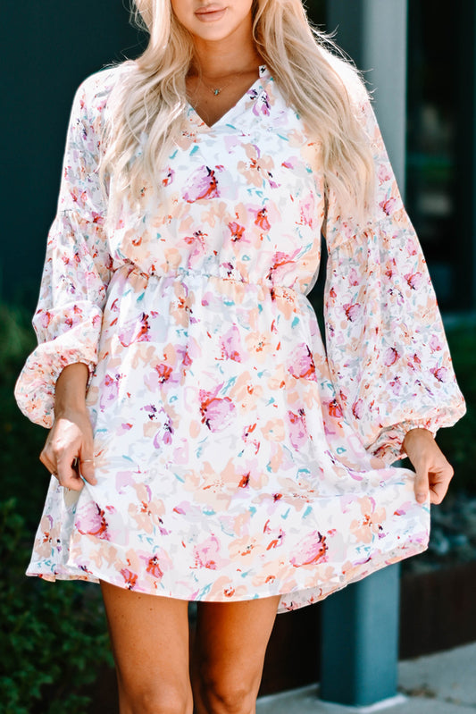 Floral Bubble Sleeve V-Neck Dress Trendsi