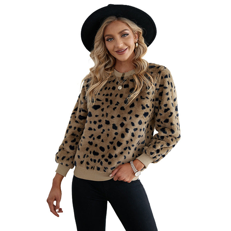 Plush Sweater Leopard Print Crew Neck Casual Top Women New In
