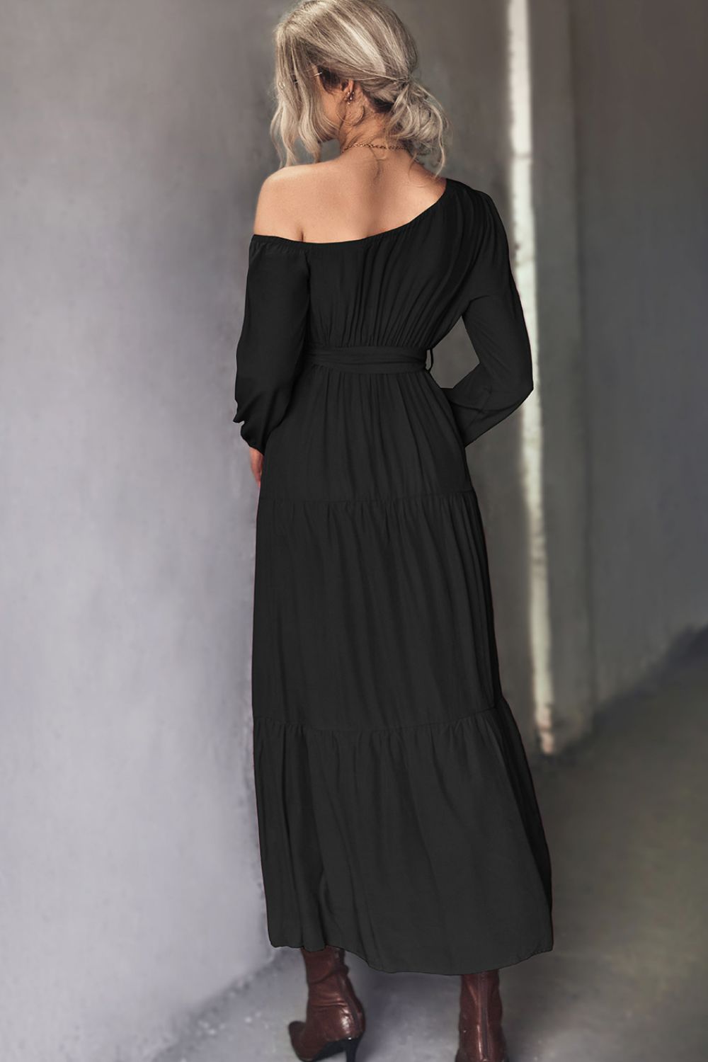 Belted One-Shoulder Tiered Maxi Dress Trendsi