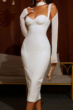 Cold-Shoulder Mesh Sleeve Slit Back Bodycon Dress-White Trendsi