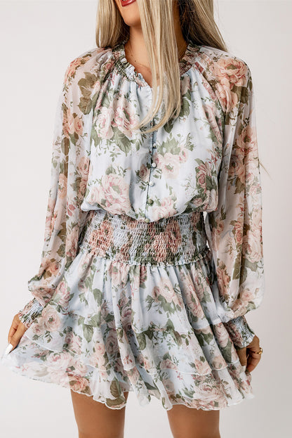 Floral Smocked Waist Layered Mini Dress Trendsi