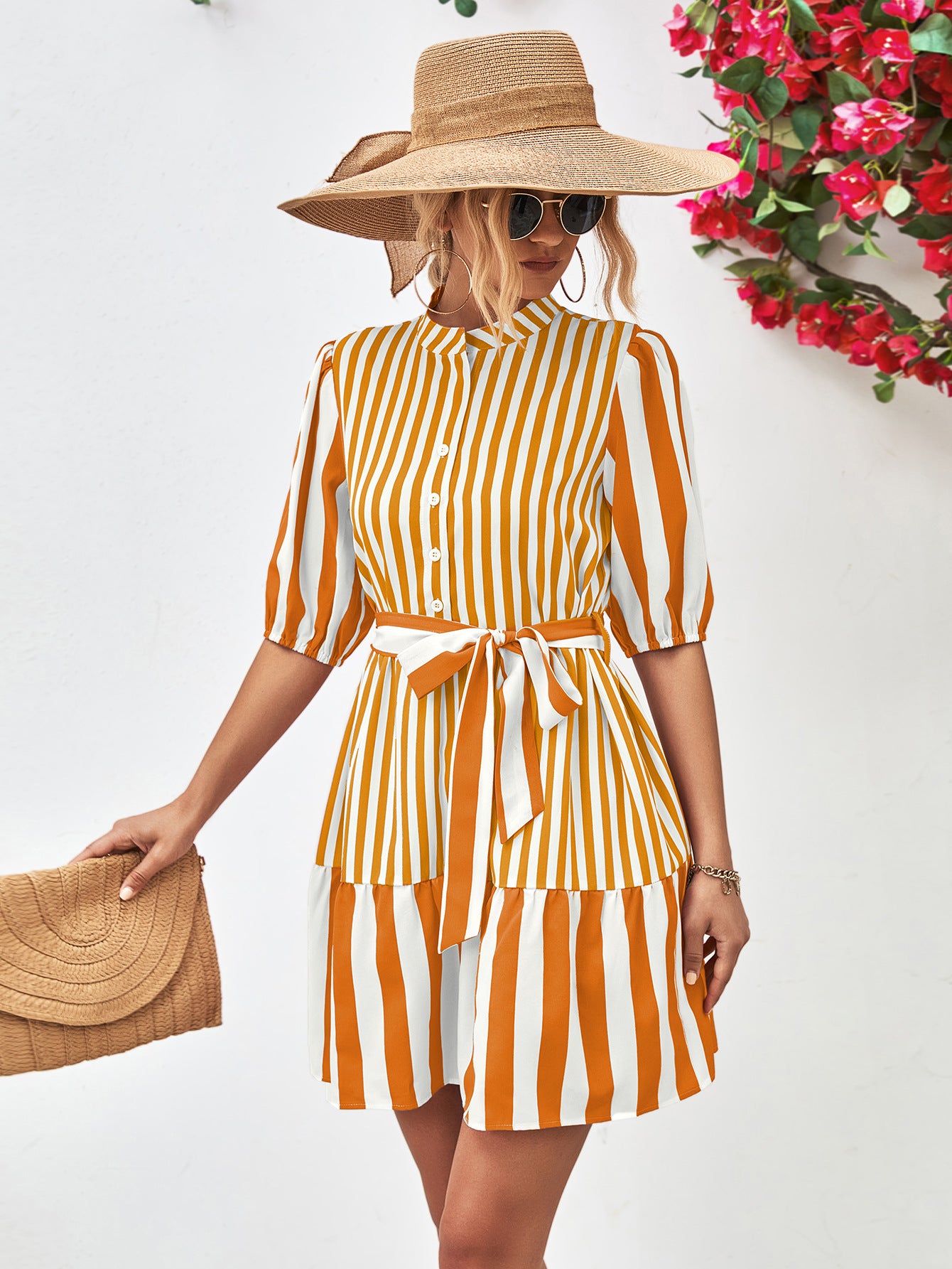 Striped Half Sleeve Tie Waist Mini Dress Trendsi