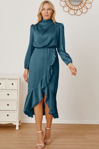 Mock Neck Ruffled Asymmetrical Dress Trendsi