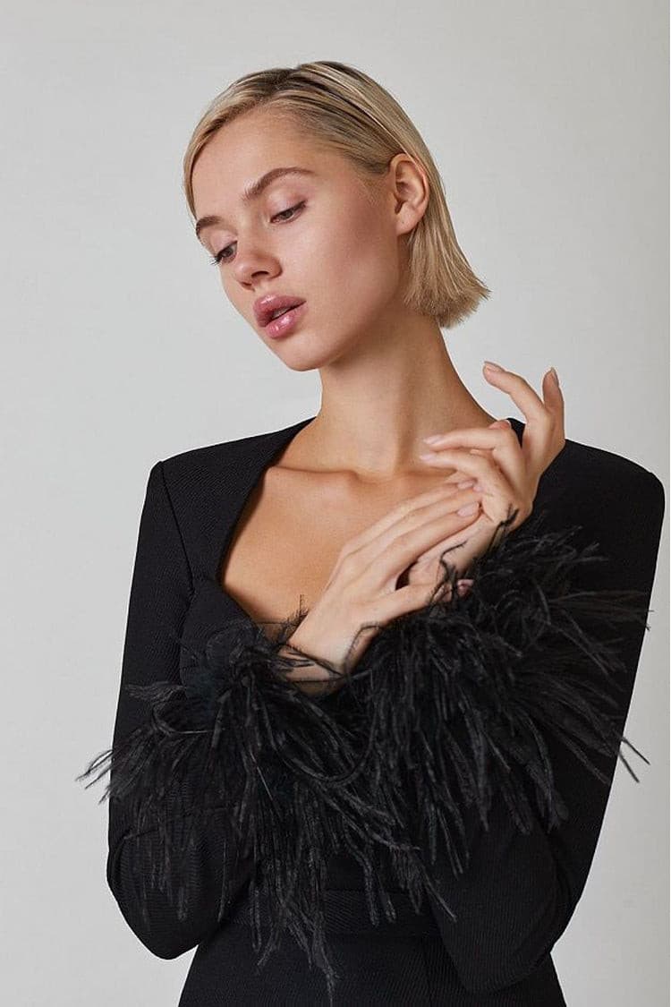 Elegant Square Neck Feather Long Sleeve aclosy