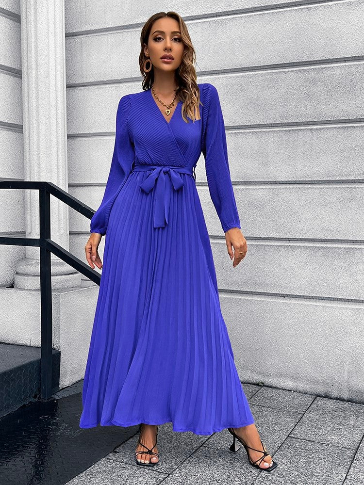 V-Neck Tie Waist Pleated Maxi Dress Trendsi