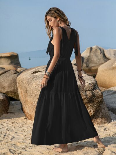 V-Neck Tie Shoulder Crochet Maxi Dress Trendsi