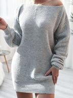 Rib-Knit Balloon Sleeve Boat Neck Sweater Dress Trendsi