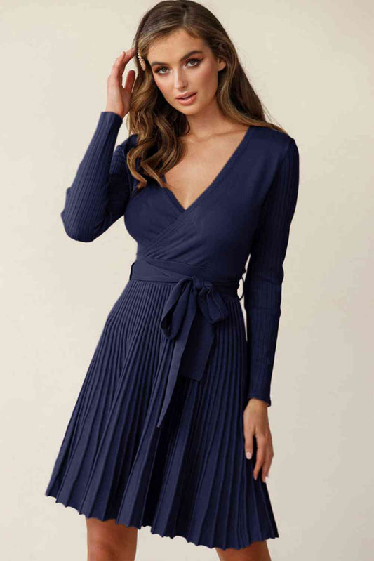 Surplice Neck Tie Waist Pleated Dress Trendsi