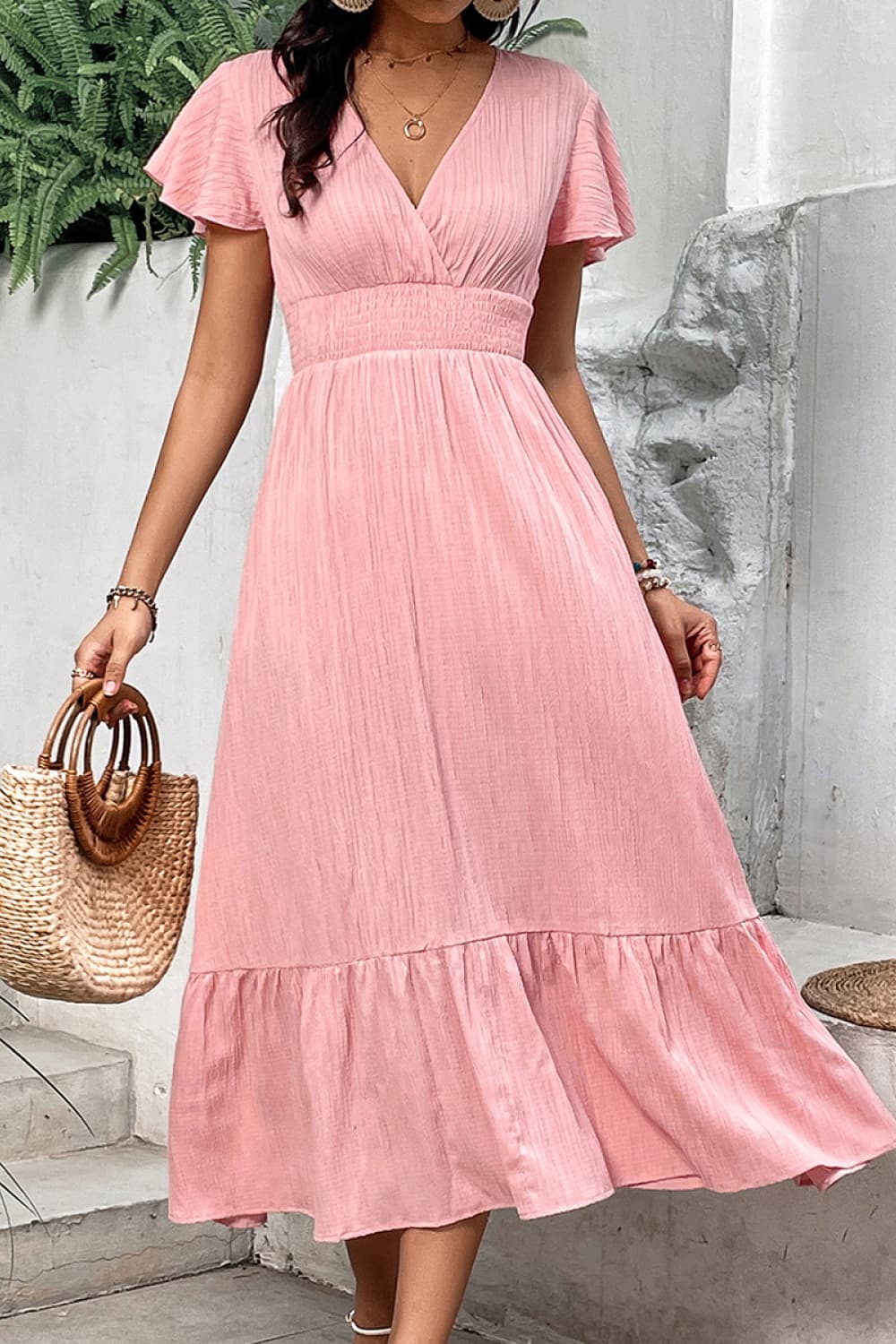 Surplice Neck Smocked Waist Flutter Sleeve Dress Trendsi