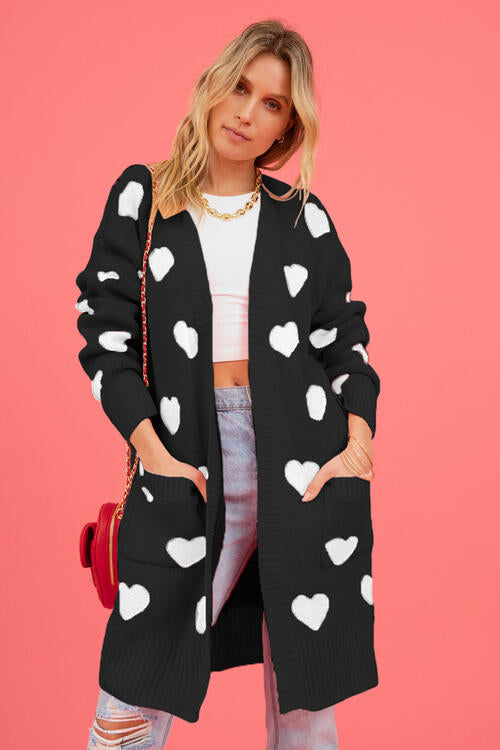 Heart Graphic Open Front Cardigan with Pockets Trendsi