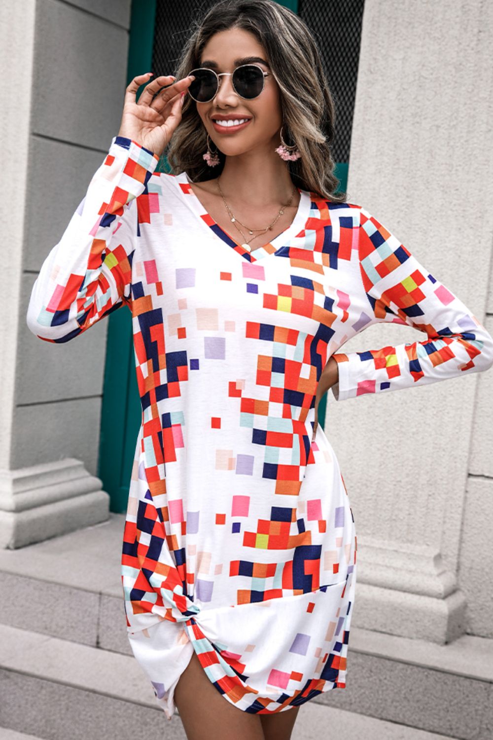 Rainbow Checker Twisted Long Sleeve Dress Trendsi