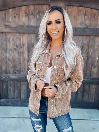 Studded Collared Neck Button Down Jacket Trendsi