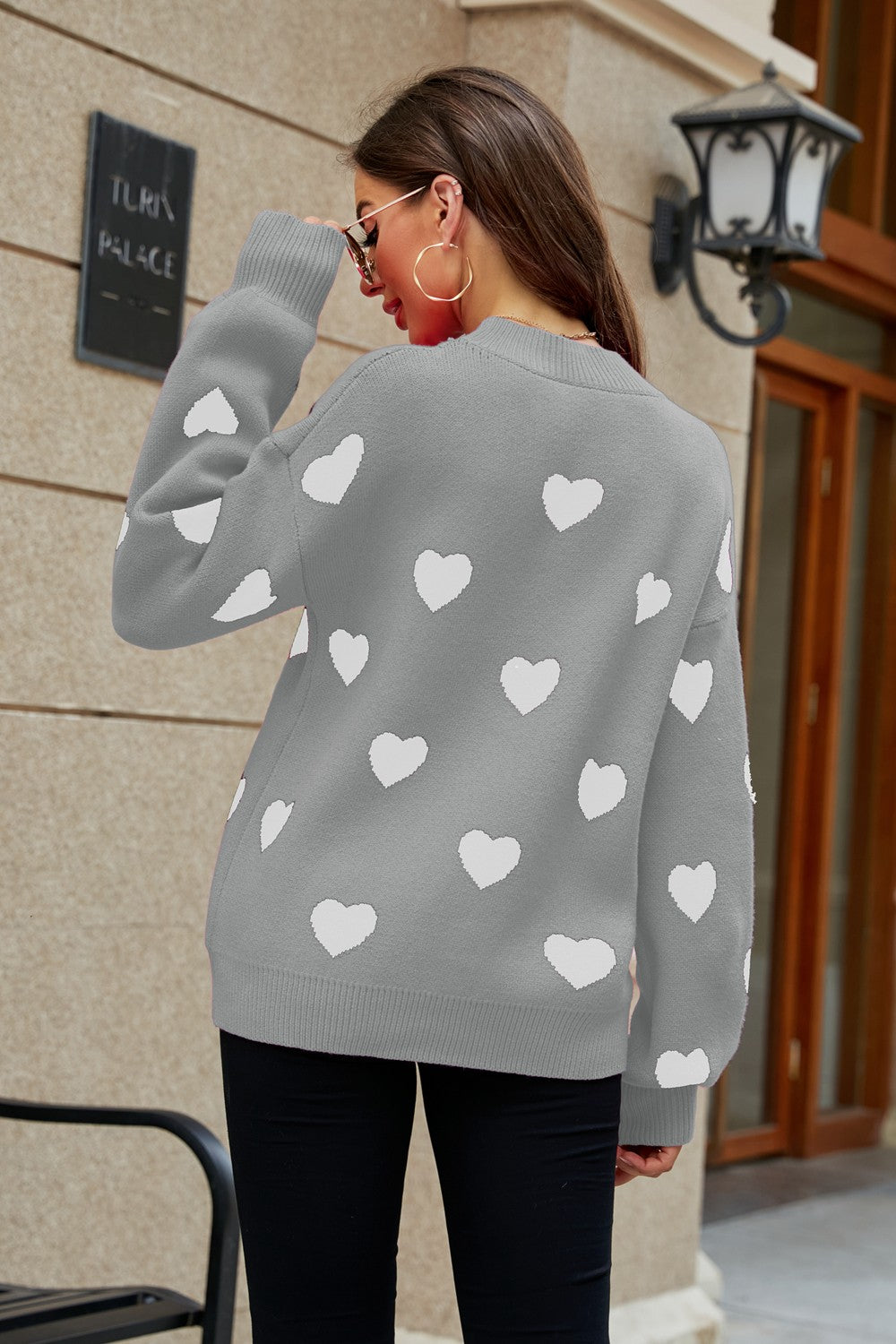 Heart Pattern Lantern Sleeve Round Neck Tunic Sweater Trendsi