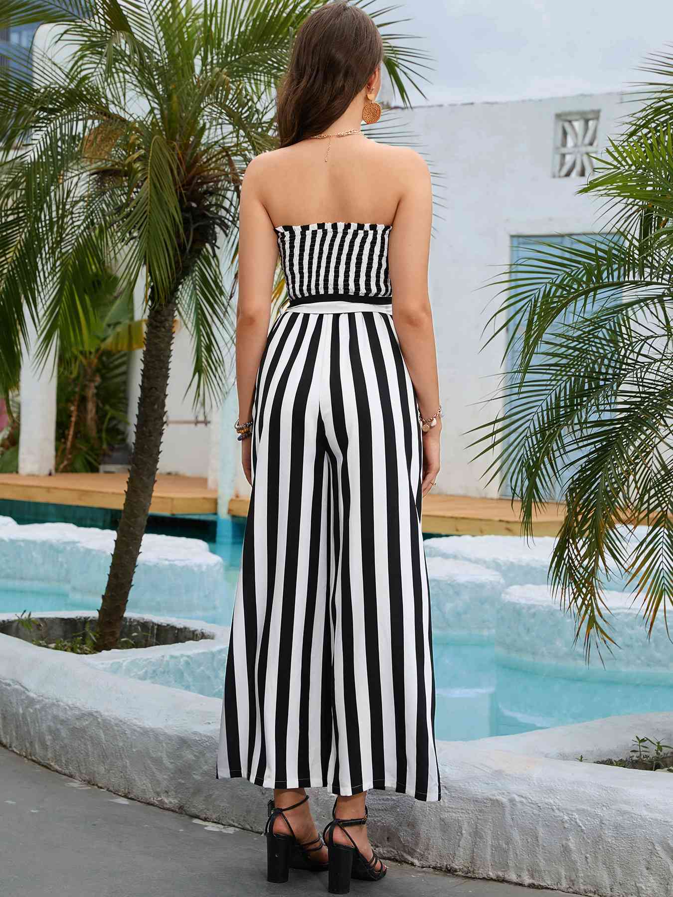 Striped Strapless Smocked Jumpsuit Trendsi